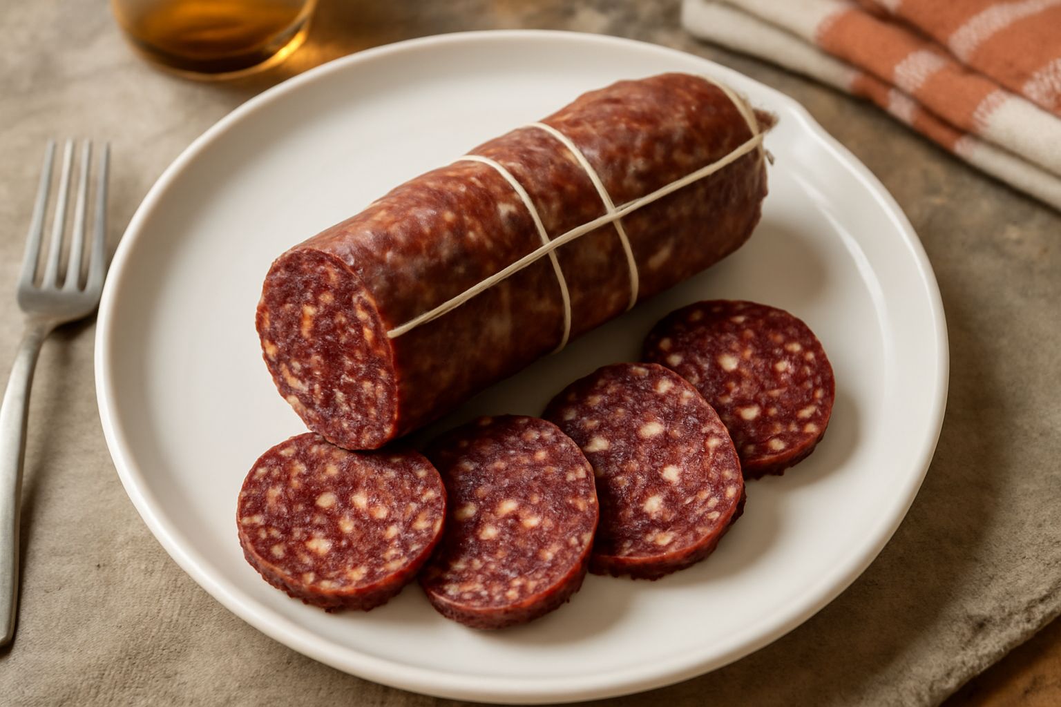 Fette di salame di Caiazzo rosso scuro su un piatto bianco, con un coltello smerlato di legno e una bottiglia di vino rosso sfocata sullo sfondo