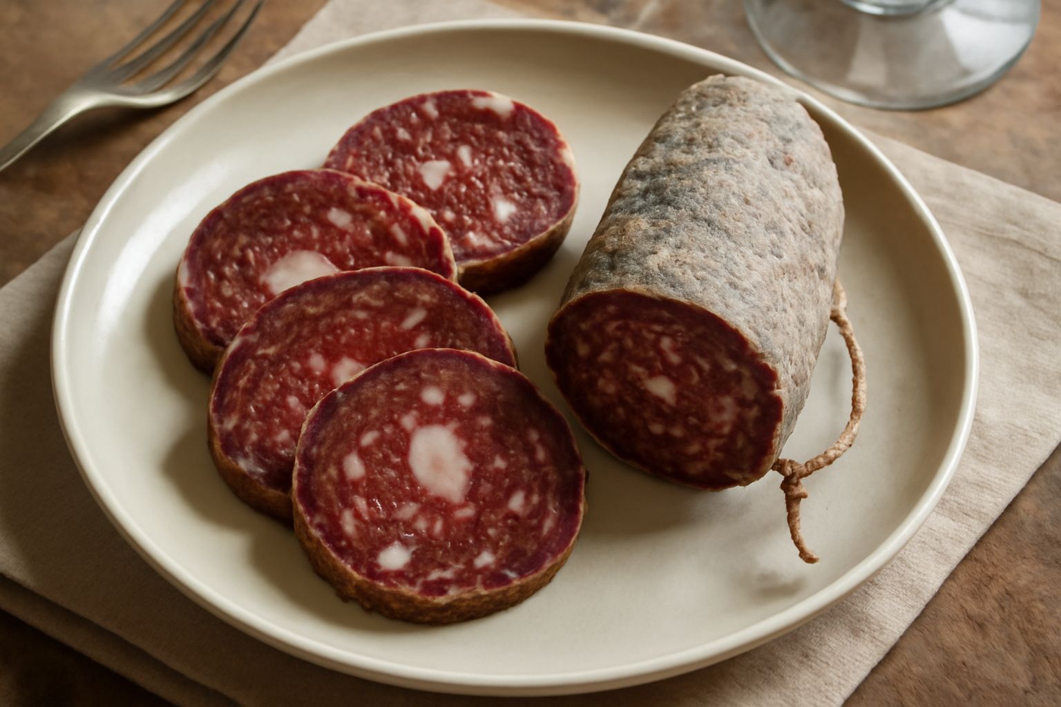 Fette di salame di Campotosto tagliate diagonalmente su un tagliere di legno, mostrando la sezione rosso scuro con grasso marmorizzato bianco, contorno di aglio intero e bicchiere di vino rosso