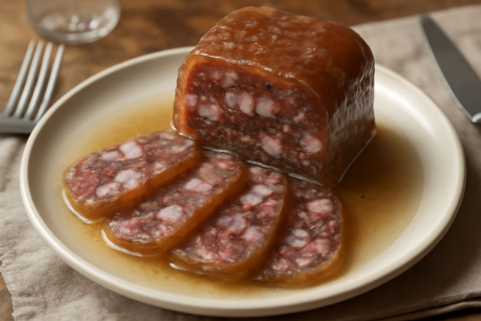 Salame di cinghiale in gelatina affettato su un piatto bianco, slices color nocciola e rosso scuro circondate da gelatina trasparente e limpida, guarnito con rametti di rosmarino fresco