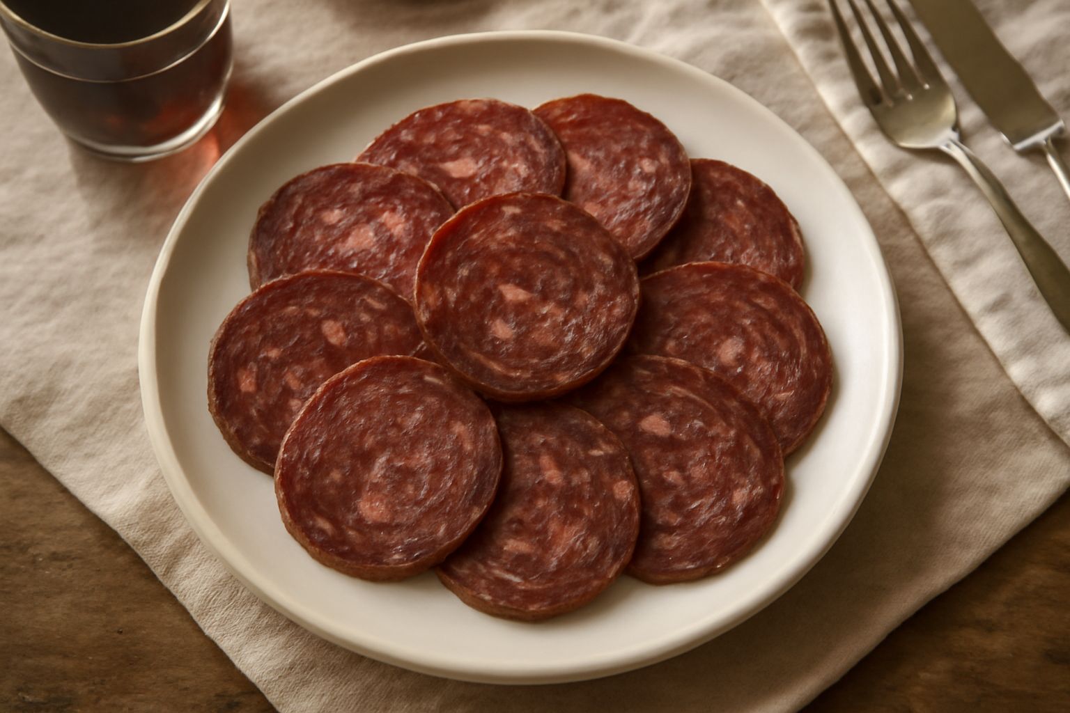 Fette di salame di Cremona di colore rosso scuro con marezzatura bianca, disposte su un piatto bianco con qualche chicco di pepe nero e aglio fresco accanto