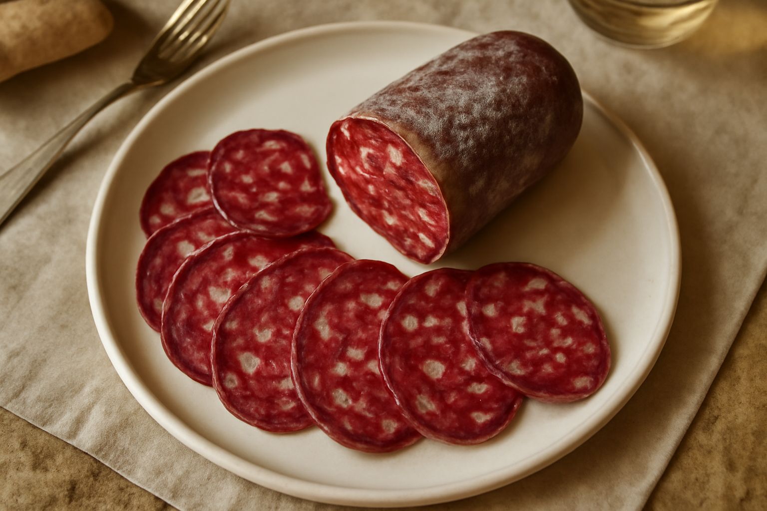 Salame di Faenza affettato sottile disposto su un piatto bianco, fette rosso scuro con marezzatura di grasso, su sfondo di legno naturale con pane toscano tostato