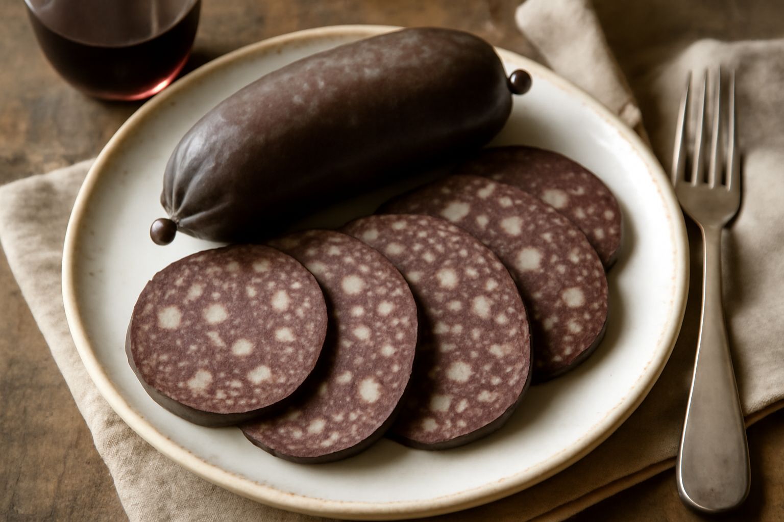 Salame di fegato affettato su un tagliere di legno, fette sottili di colore marrone scuro con striature di grasso bianco, accanto a pane tostato e un coltello da cucina