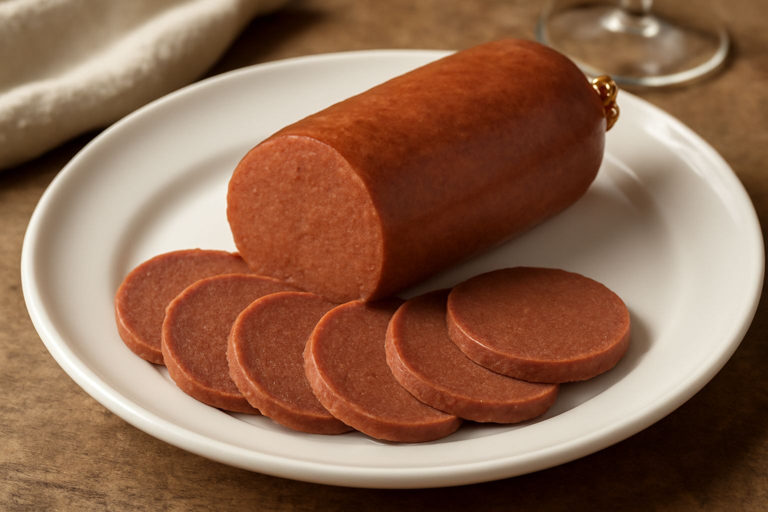 Fette di salame di fegato affettato rosso-marrone su un tagliere di legno, con la pasta cremosa e compatta visibile in sezione, accanto a pane tostato e un coltello da cucina