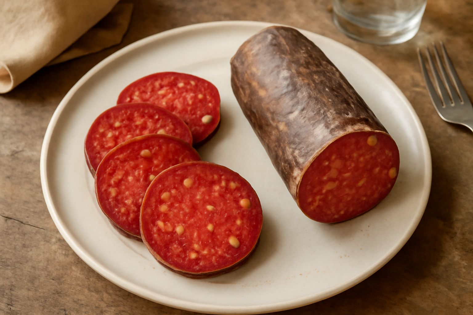 Salame di Imperia affettato su un tagliere di legno, con fette rosso scuro marmorate di grasso bianco, accanto a un bicchiere di vino rosso e spezie sparse