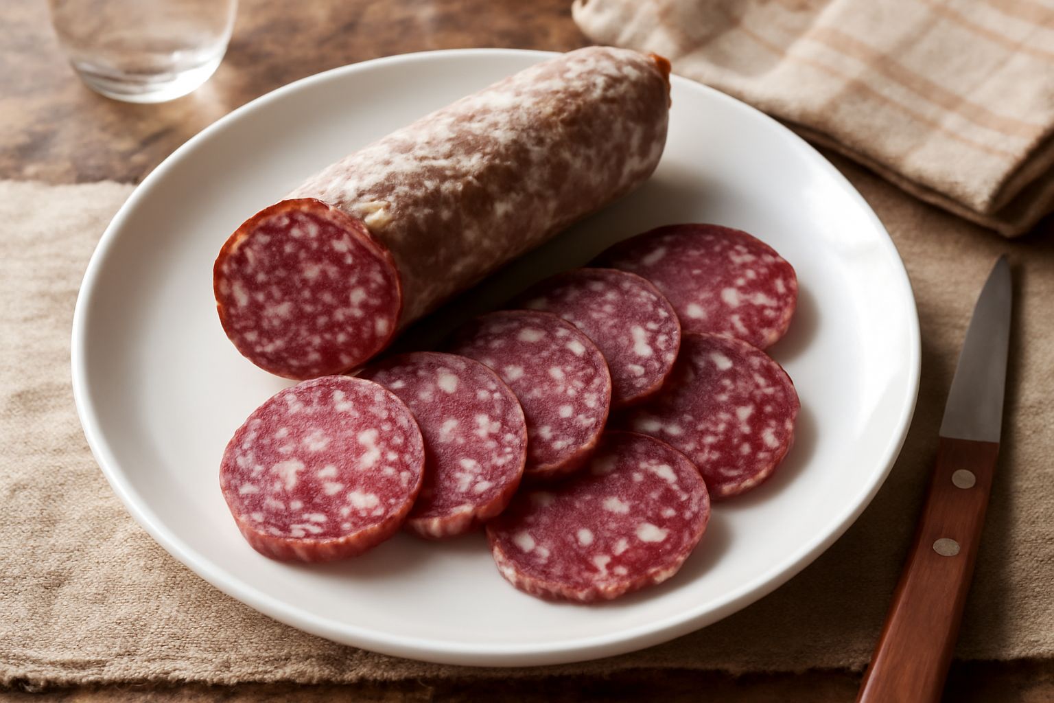 Fette di salame di maiale artigianale, dal colore rosso rubino con marezzatura di grasso bianco, disposte a ventaglio su un tagliere di legno scuro con una lama di coltello accanto