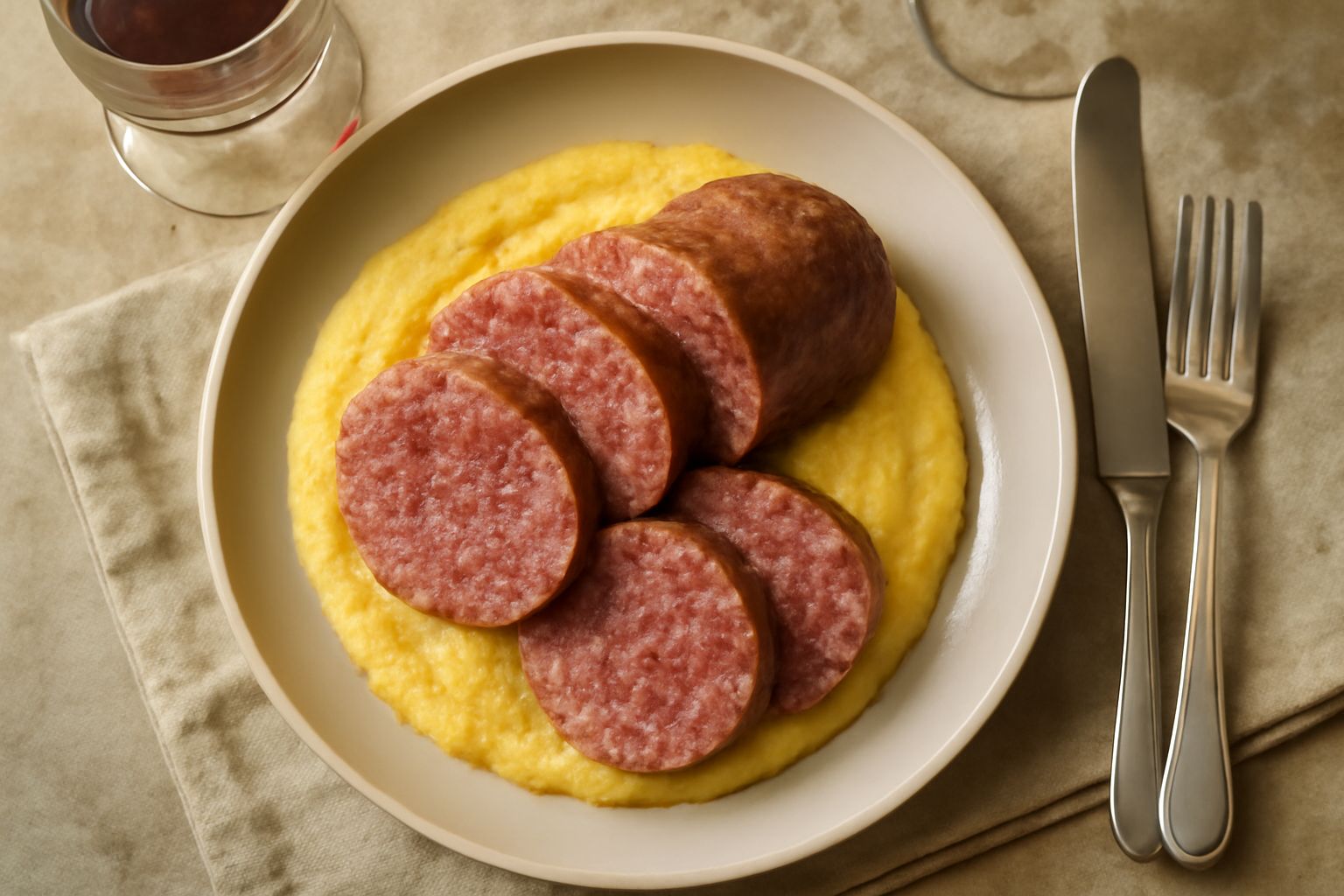 Salame di Mantova intero e affettato disposto su un piatto bianco, fette regolari che mostrano il colore rosso scuro della carne con venature di grasso bianco ben distribuite