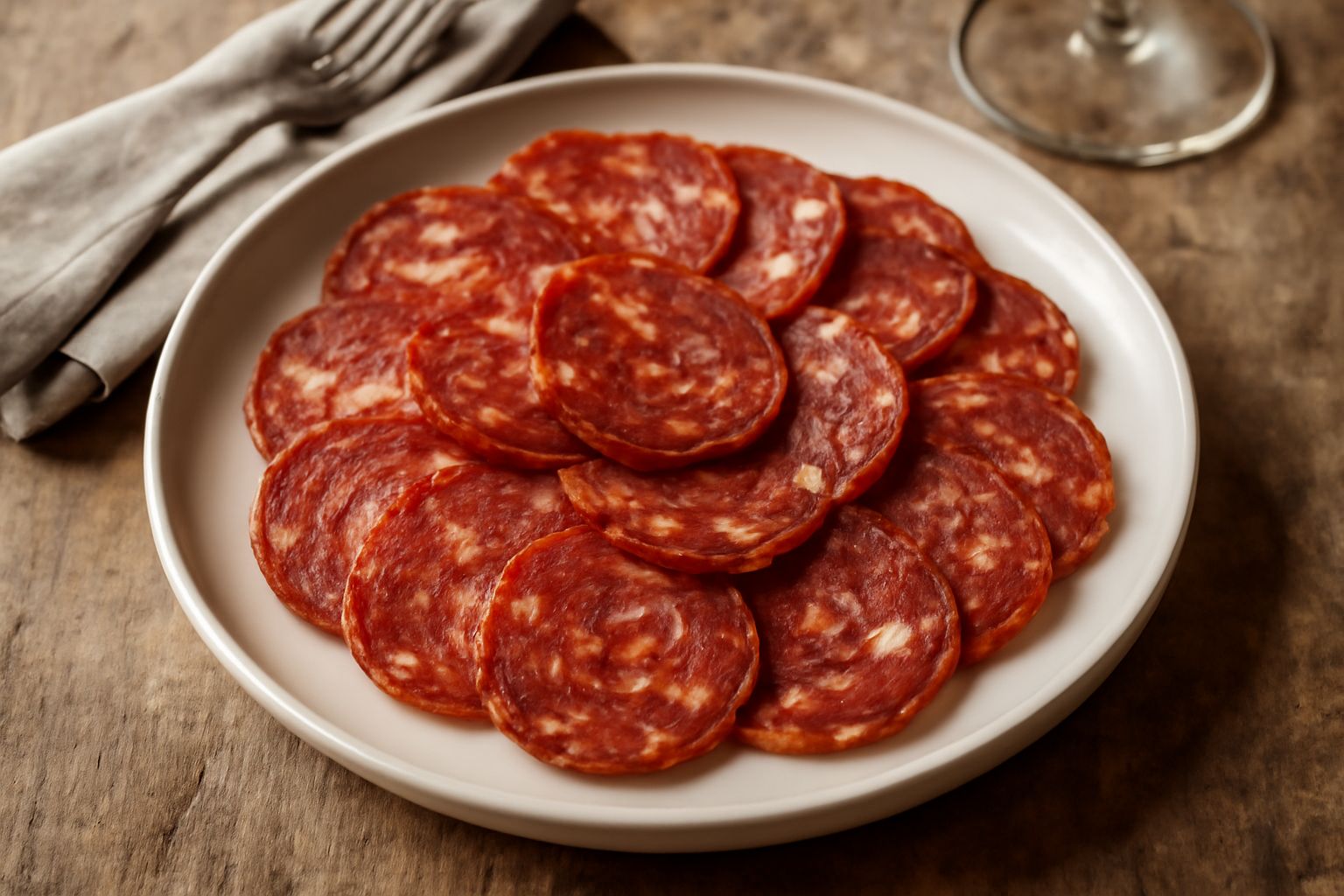 Fette di salame di Martina Franca rosso scuro con venature di grasso bianco su un tagliere di legno, accanto a pane toscano e un bicchiere di vino rosso