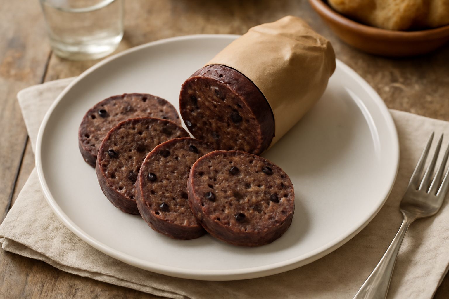 Salame di melanzane affettato su un tagliere di legno, mostrato in sezione con colore viola scuro, fette compatte e visibili pezzi di olive nere, con basilico fresco a fianco