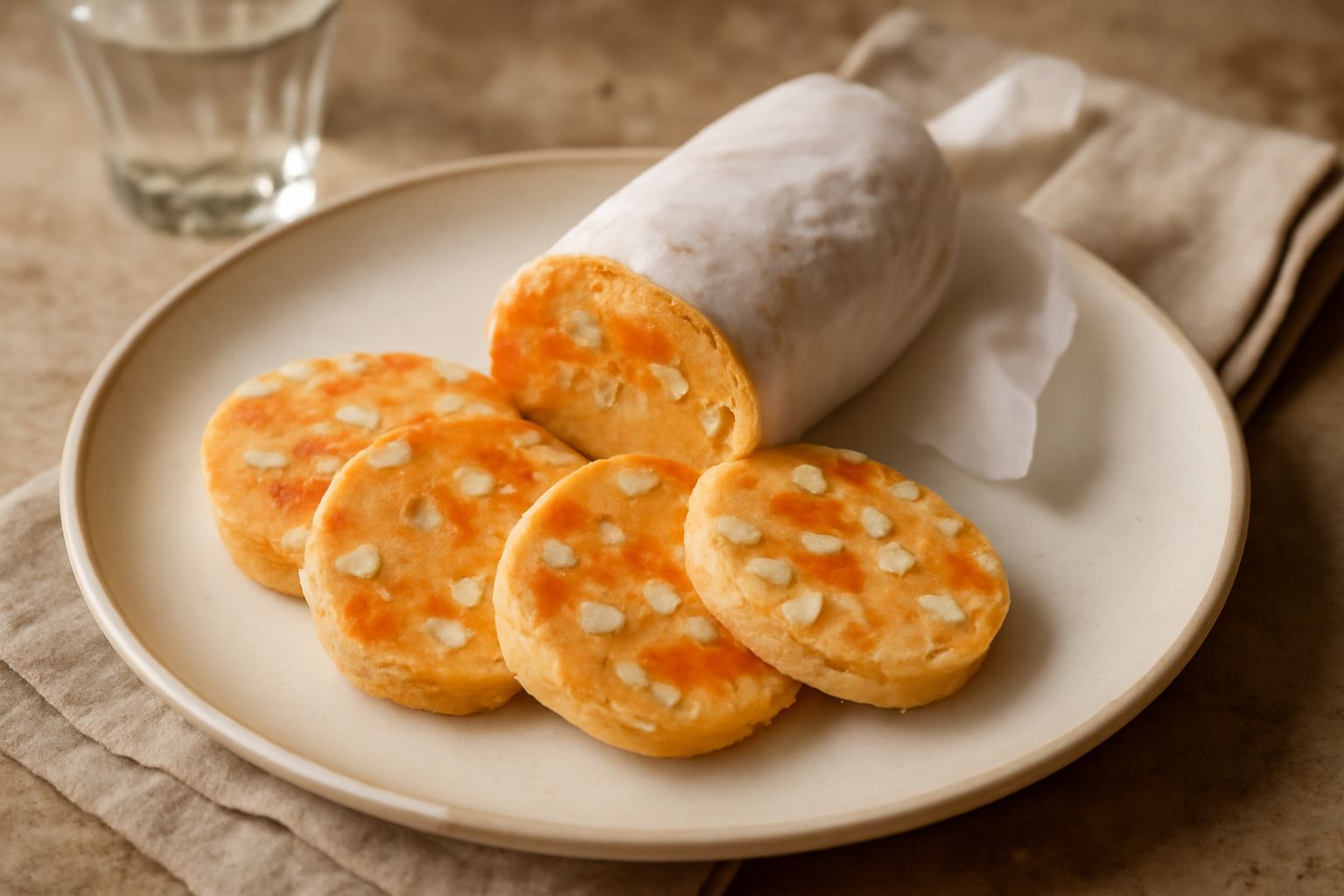 Salame di melone affettato su un piatto bianco, mostrando la sezione trasversale con pezzi di melone arancio, biscotti gialli e mandorle bianche, guarnito con menta fresca