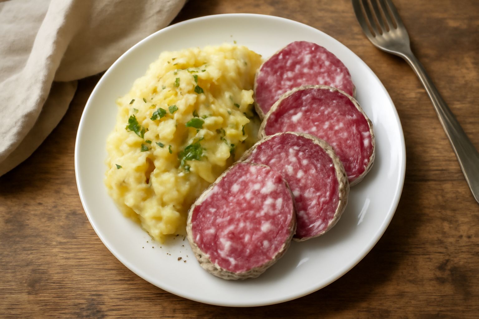 Fette di salame di Norcia tagliate trasversalmente, color rosso scuro con pezzetti di lardo bianchi visibili, su un tagliere di legno con un coltello