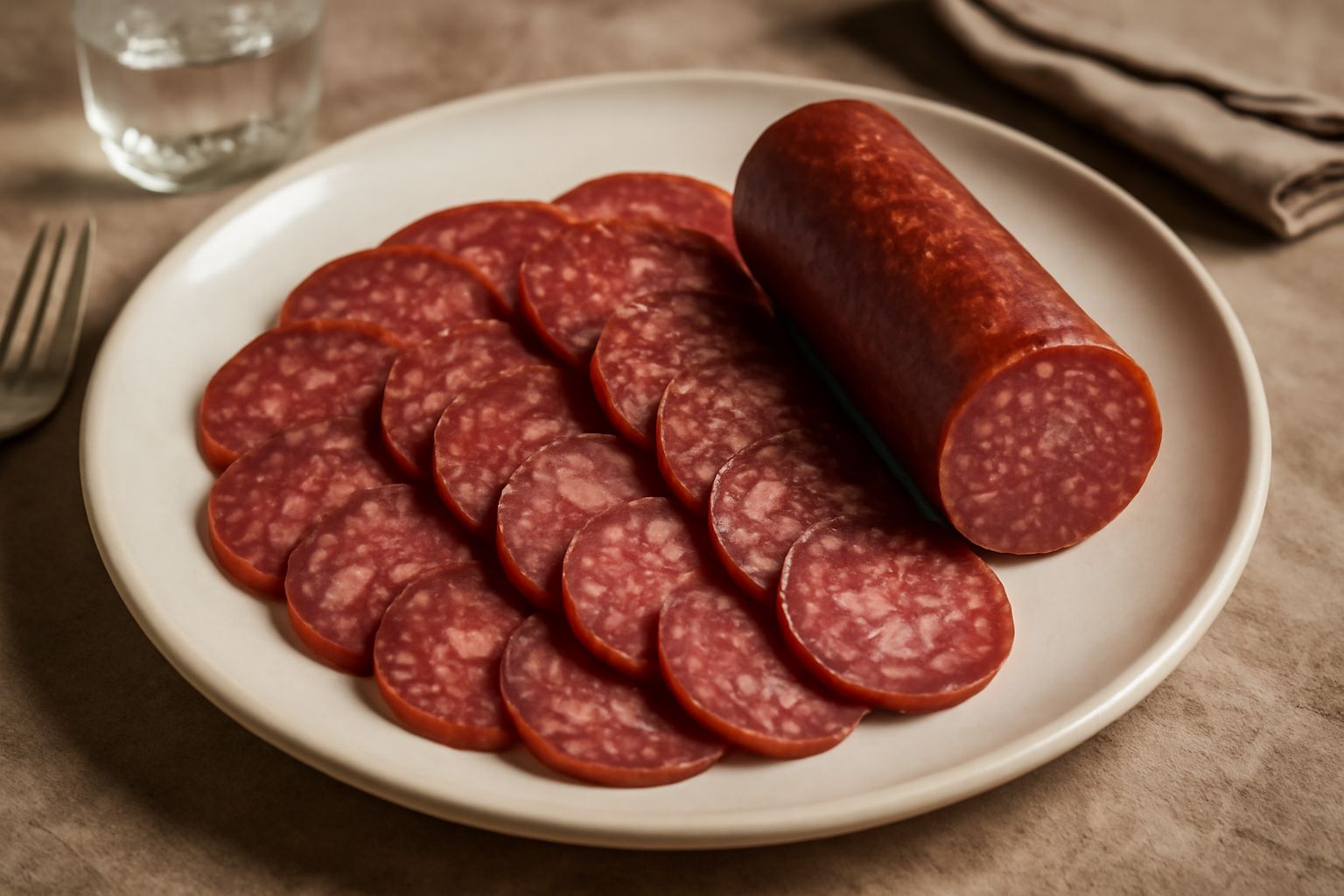 Fette sottili di salame di Rimini rosso scuro con grana fine, disposte a ventaglio su un tagliere di legno accanto a pane toscano scuro e un bicchiere di vino rosso