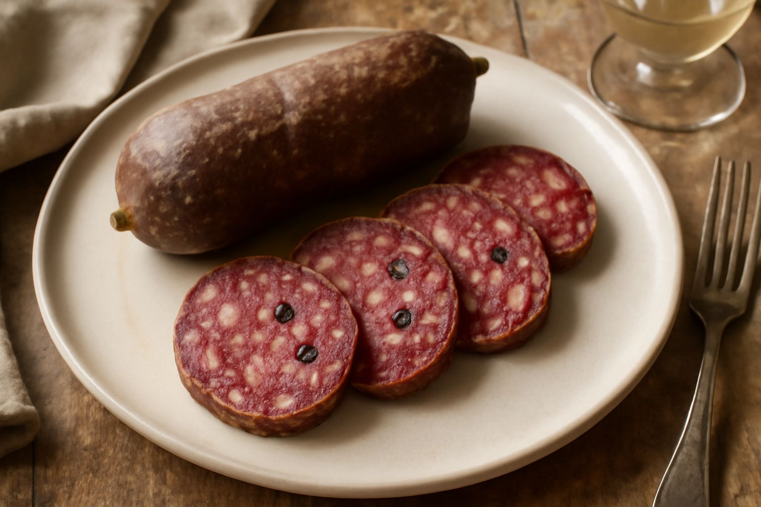 Salame di Sanremo affettato su un tagliere di legno, mostrando la sezione rosso scuro con grani di pepe visibili e grasso bianco marmorizzato