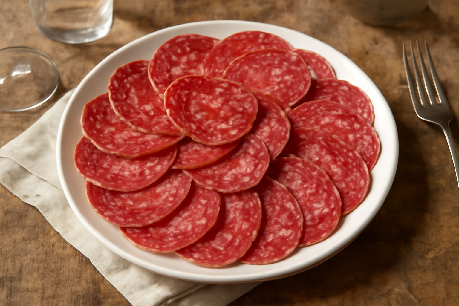 Fette di salame di Spoleto alternate in cerchio su un piatto bianco, mostrano la grana finissima della carne e il rosso scuro caratteristico con puntini di grasso bianco, accompagnate da un coltello d