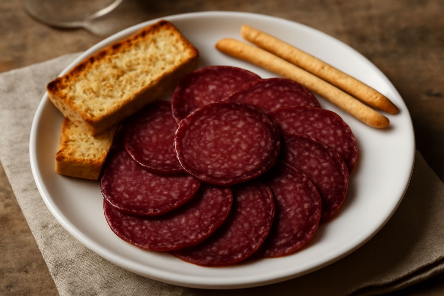 Fette sottili di salame di Sulmona disposte su un piatto bianco, colore rosso scuro uniforme con piccoli granuli di grasso visibili, accanto a pane tostato e una ciotola di olive verdi.