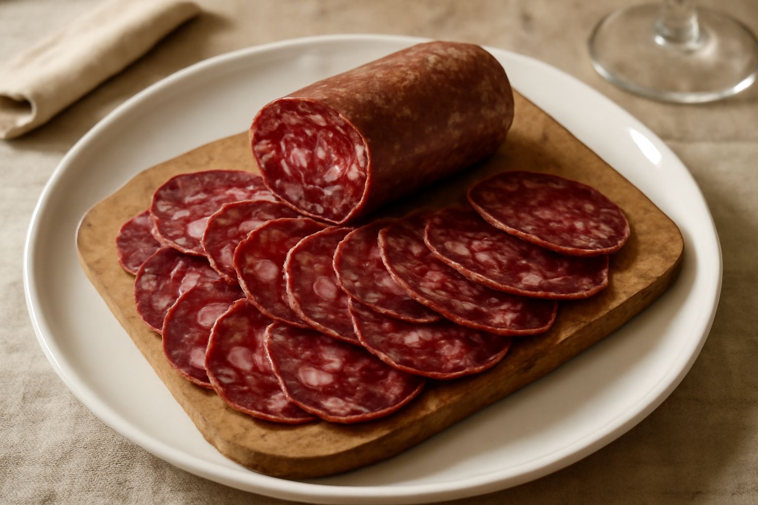 Salame di Treviso affettato su un tagliere di legno, fette sottili di colore rosso scuro con venature bianche di grasso, accanto a pane tostato e bicchieri di vino rosso