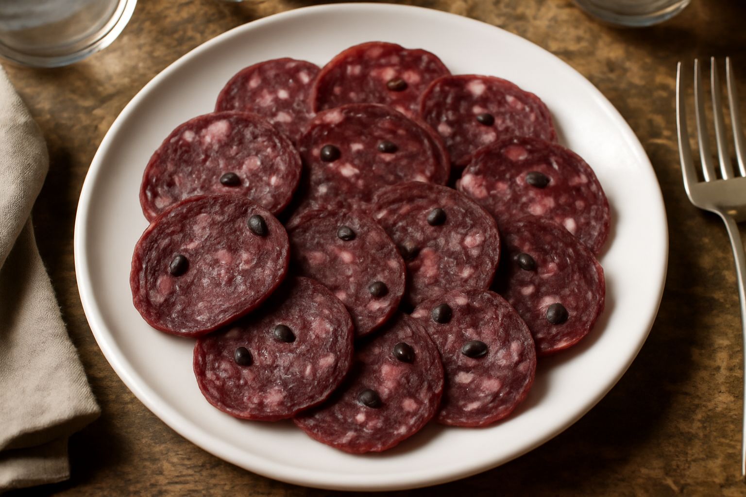 Fette di salame di Udine disposte a ventaglio su un piatto bianco, colore rosso scuro con visibile pepe nero intero, accanto a pane tostato e un bicchiere di vino rosso