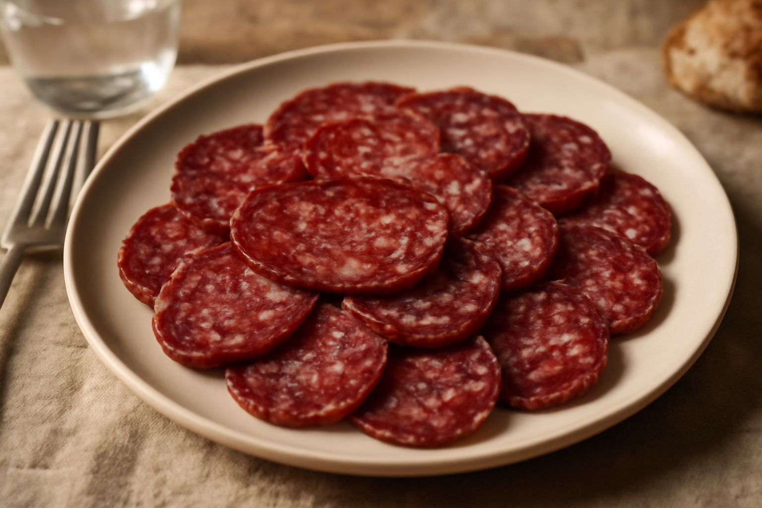 Fette sottili di Salame di Val Venosta disposte a ventaglio su un piatto bianco, colore rosso scuro con puntini di grasso bianco, accanto a pane tostato