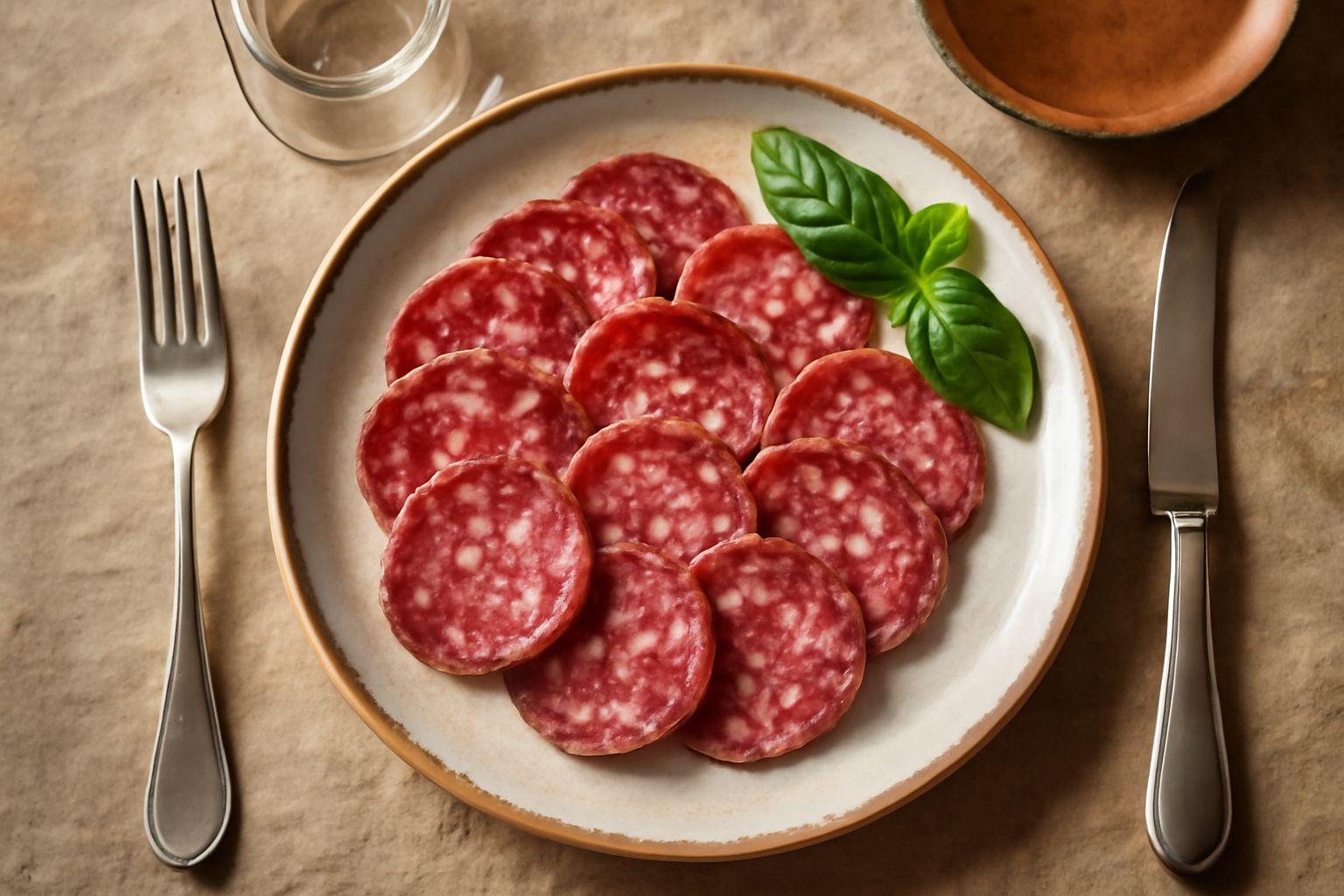 Fette sottili di Salame di Varzi rosso scuro con striature di grasso bianco, disposte a ventaglio su un tagliere di legno con una ciotola di pane toscano