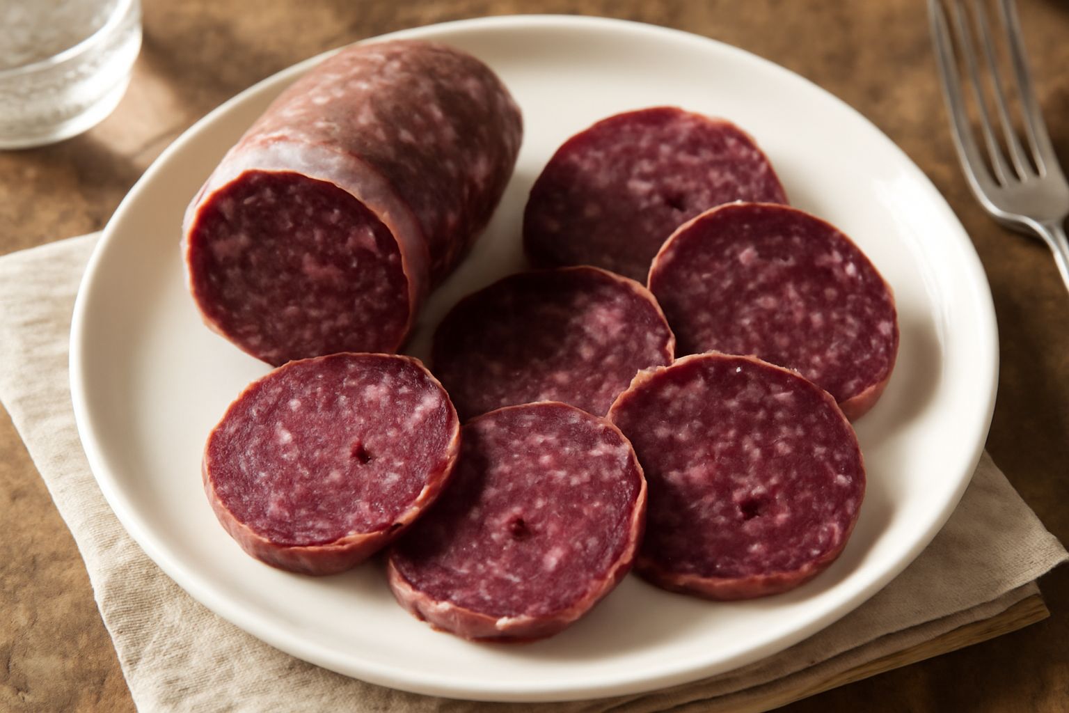 Fette di salame d'la doja disposte su un piatto bianco, colore rosso scuro intenso, ripieno visibile con grani di pepe e spezie, contorno di strutto cremoso trasparente