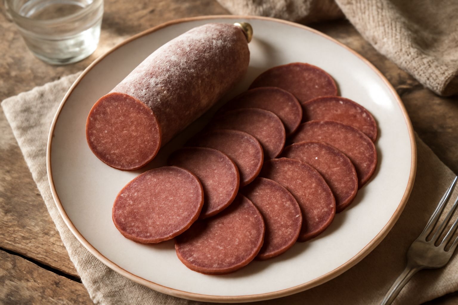 Salame d'oca affettato su un tagliere di legno, con fette rotonde color rosso-marrone, tra acini d'uva nera e pane tostato. Sfondo neutro con luce naturale.