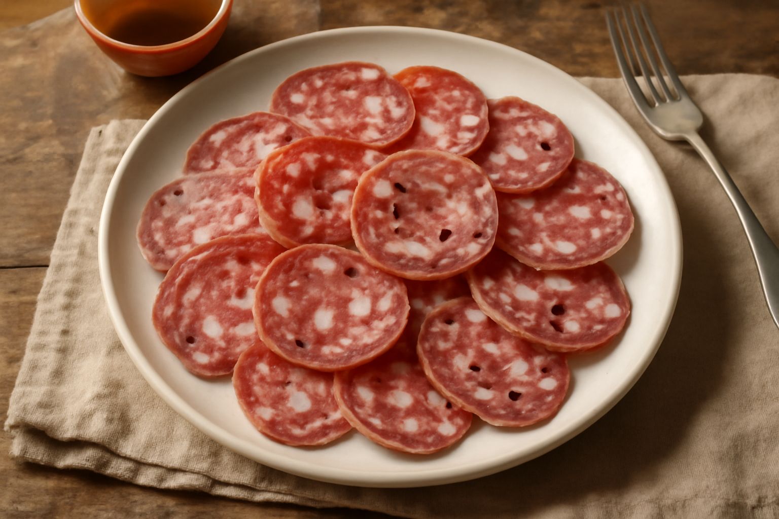 Fette di Salame Felino rosso scuro con pepe nero visibile, disposte in cerchio su un piatto bianco con acini di pepe sparsi