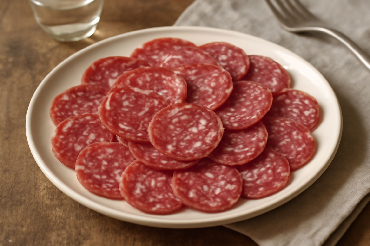 Fette di salame rosso scuro piegate leggermente su un piatto bianco, con accanto pane tostato triangolare, olive nere e foglie di prezzemolo fresco