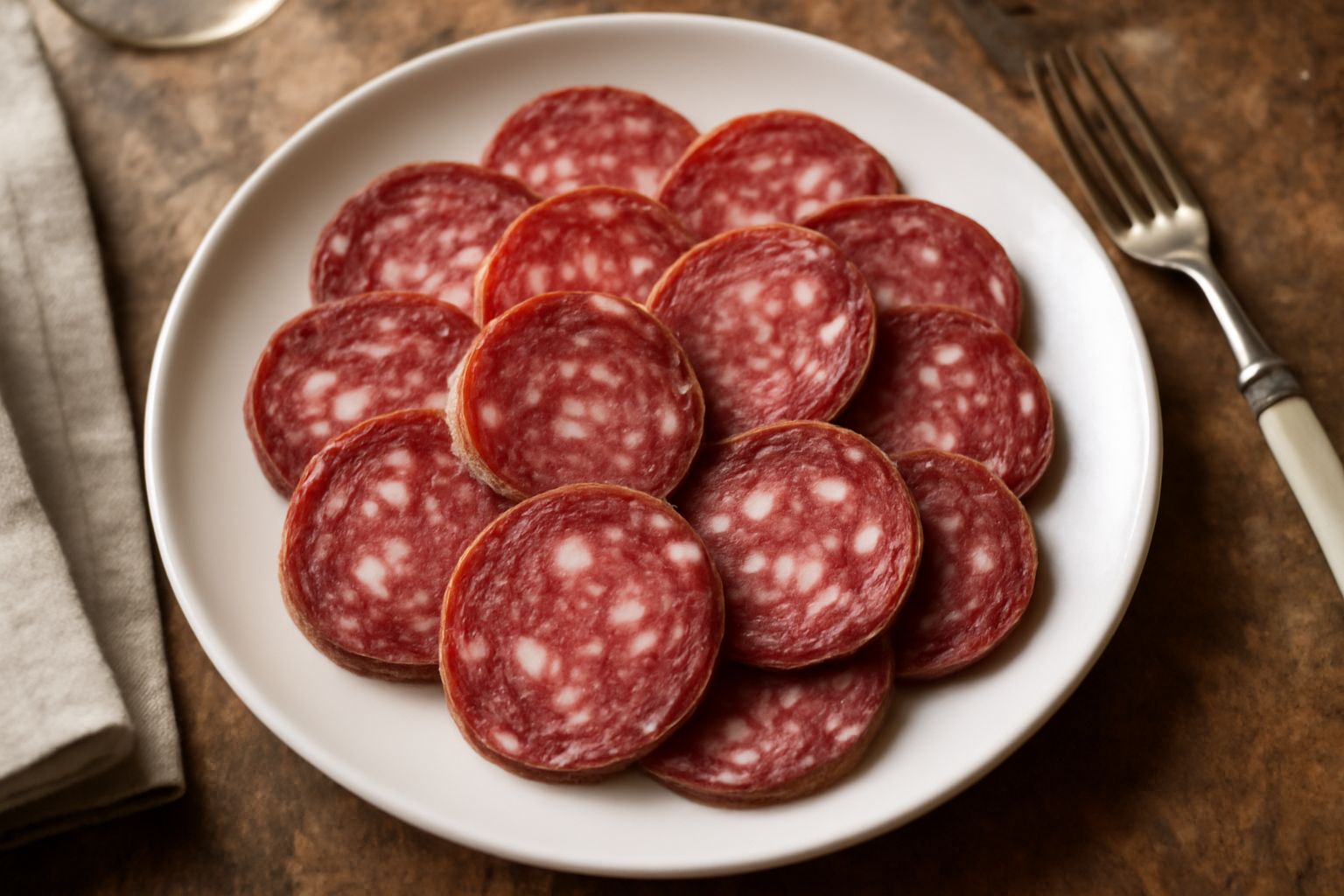 Fette di salame friulano affumicato su tagliere di legno, colore rosso scuro con marezzatura bianca, circondate da pane casereccio tostato e bicchieri di vino locale