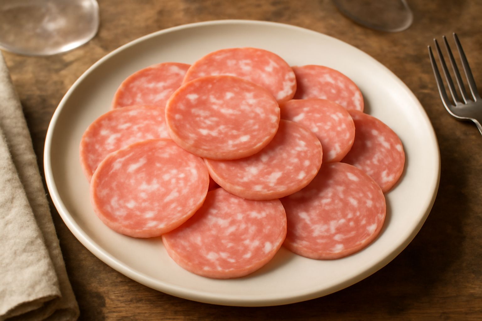 Fette di salame friulano leggermente rosa pallido con striature bianche di grasso, disposte a ventaglio su un piatto bianco con contorno di pane tostato e sottaceti