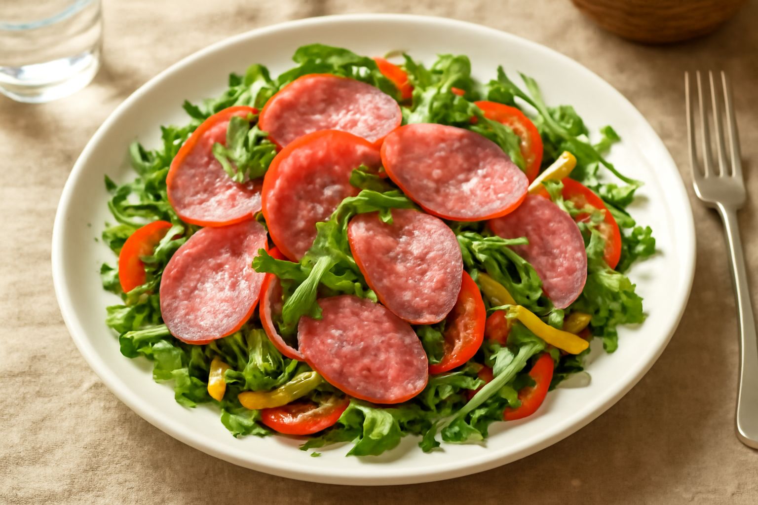 Insalata con fette sottili di salame friulano rosa, rucola verde, pomodorini rossi, cipolla bianca affettata sottile, in piatto bianco, aceto balsamico scuro nei solchi, servito a temperatura ambiente