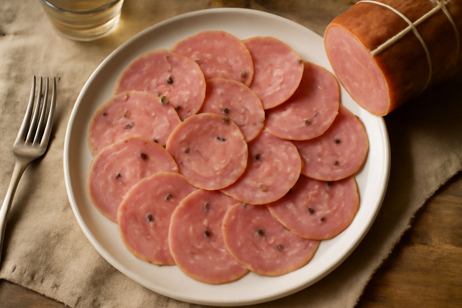 Fette di salame gentile rosa pallido e compatto, tagliate obliquamente, disposte a ventaglio su un tagliere di legno con grani di pepe nero visibili in superficie e una cordicella di budello naturale 