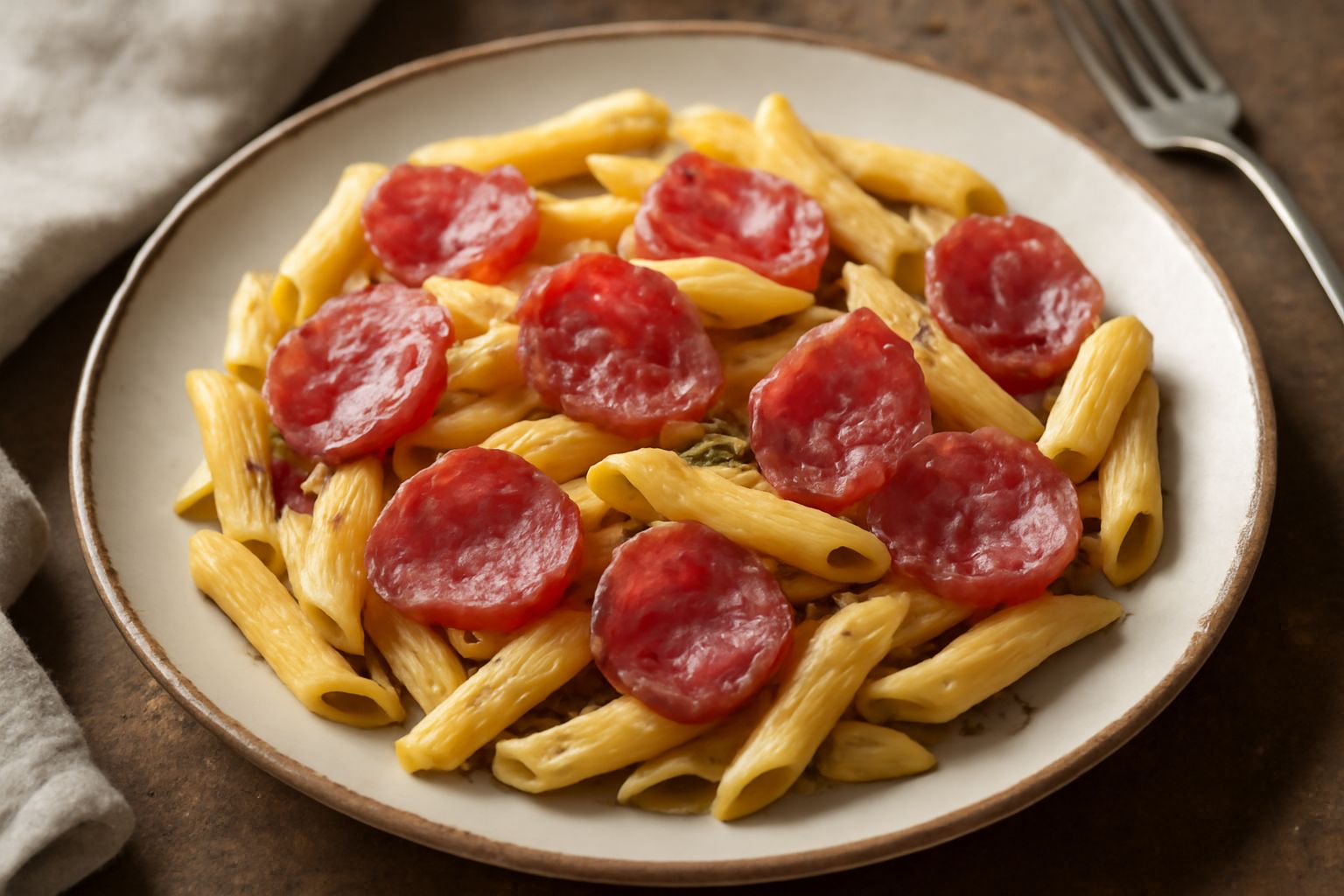 Salame gentile affettato su un tagliere di legno naturale, con una trama omogenea rosa pallido e spezie visibili, accanto a pane tostato e un bicchiere di vino bianco