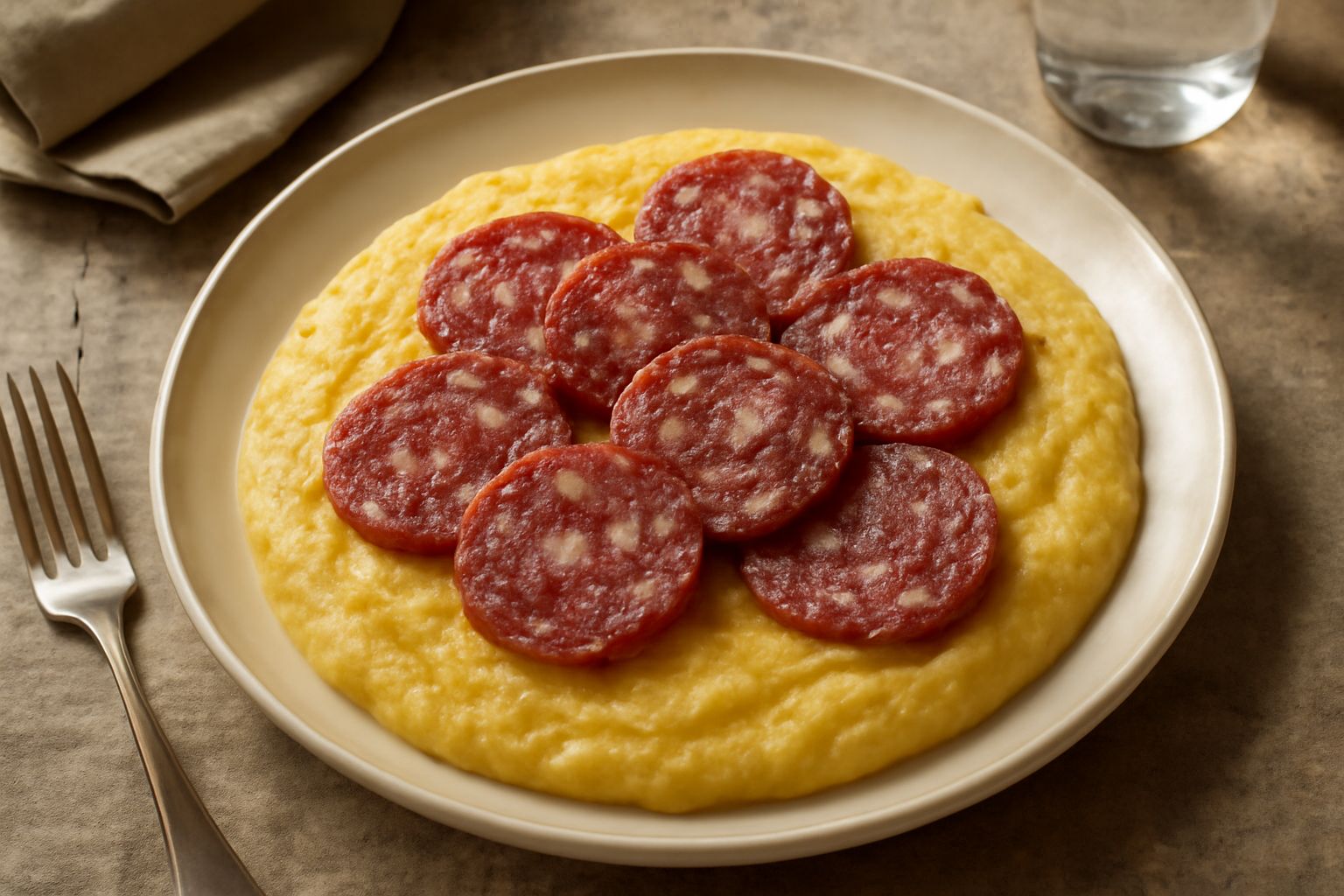 Fette di salame gentile beige e rosa pallido su un tagliere di legno, con pasta morbida visibile al taglio e piccoli granelli di pepe nero