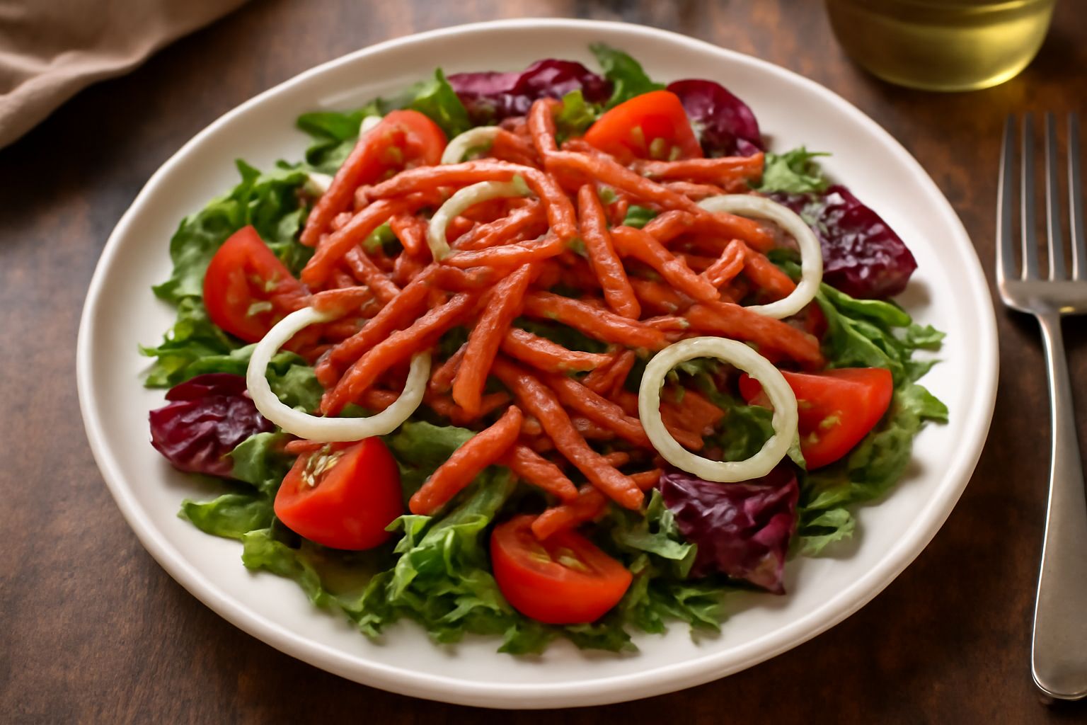 Insalata mista in ciotola bianca con salame tagliato a julienne, rucola verde, pomodori rossi, cipolla bianca e olio dorato, fotografata dall'alto con luce naturale