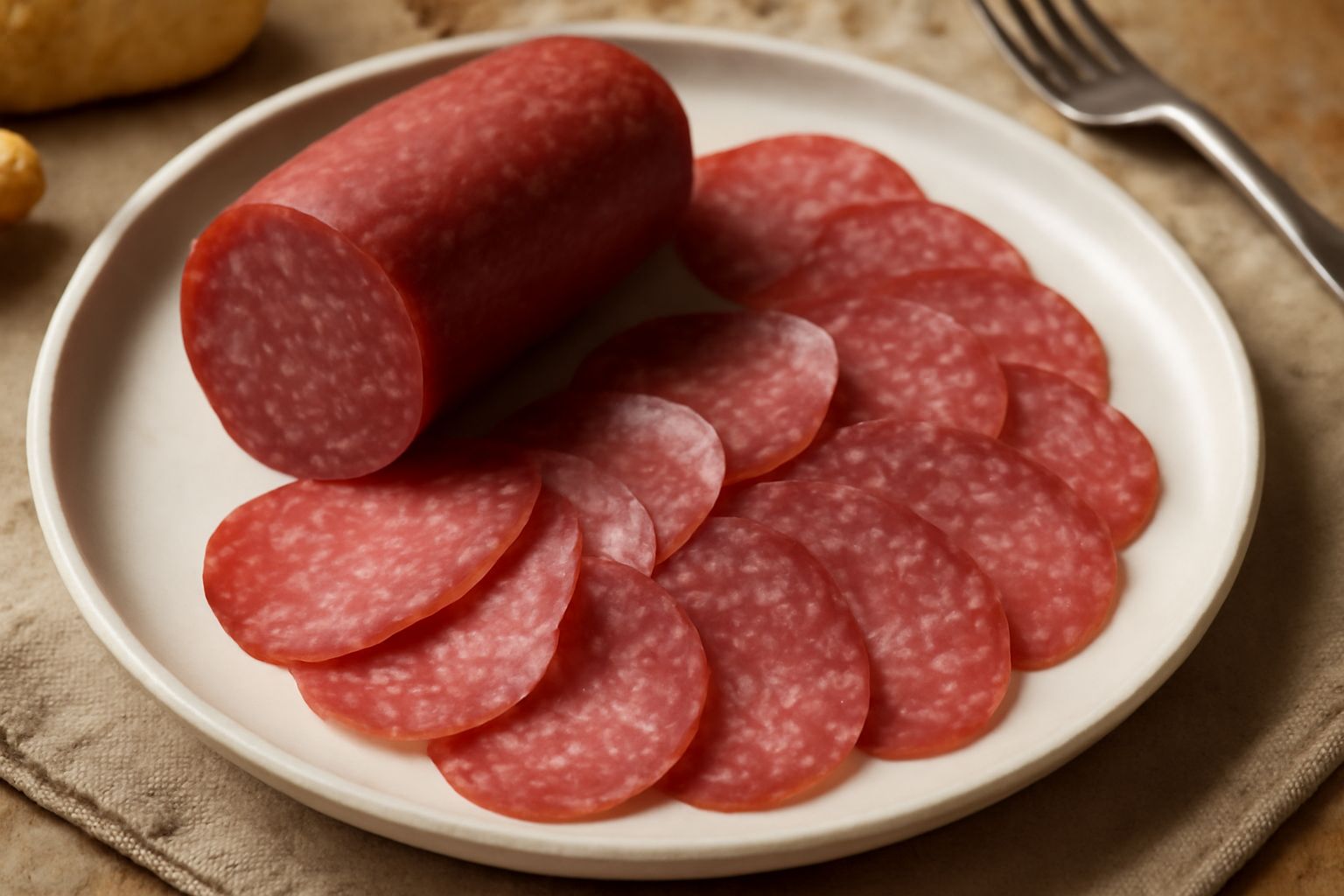Fette sottili di salame mantovano disposte a ventaglio su un tagliere di legno chiaro, con grana fine visibile, colore rosso scuro uniforme, accanto a pane tostato e bicchieri di vino rosso