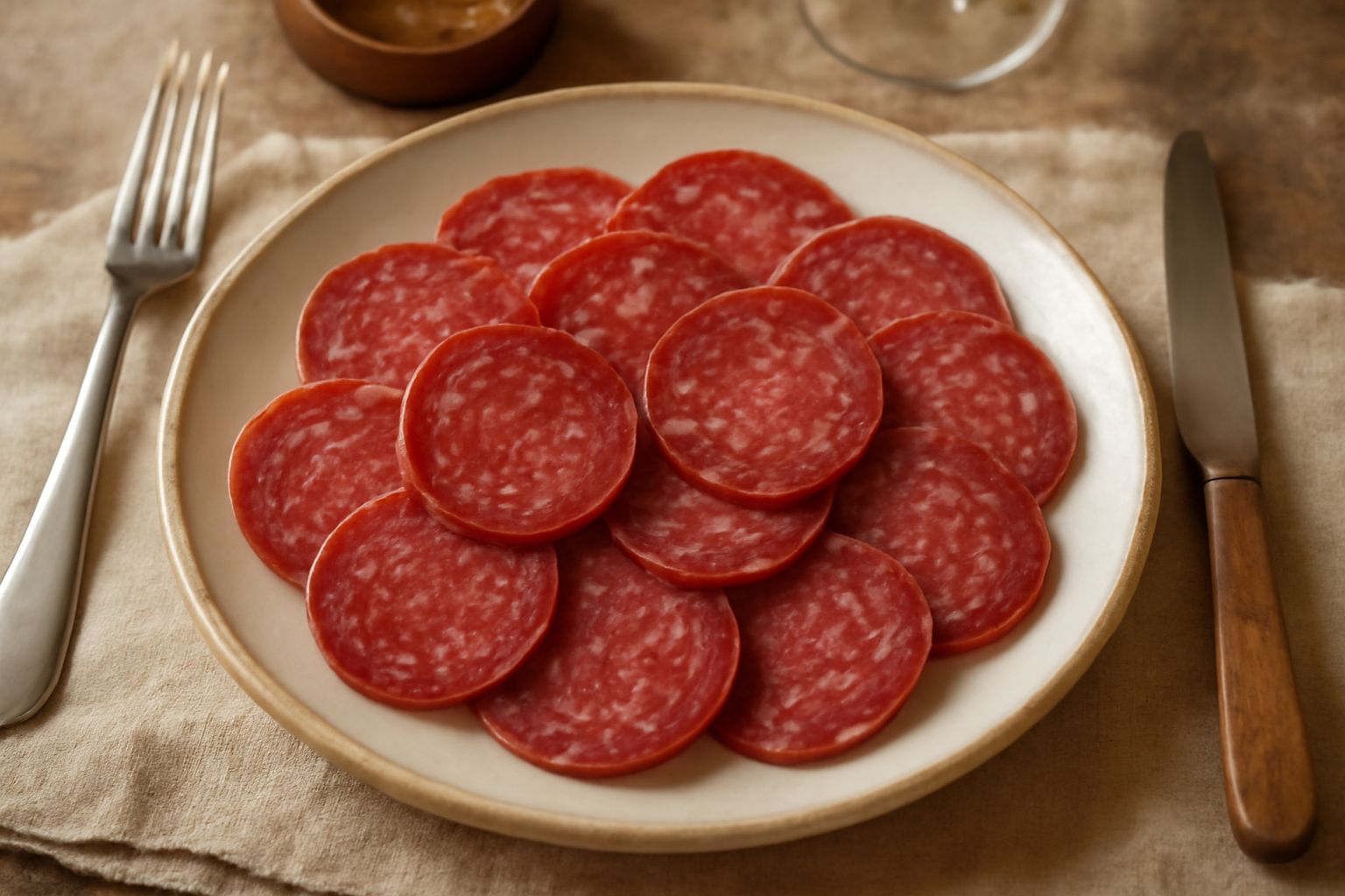 Fette sottili di salame marchigiano rosso scuro con venature di grasso bianco disposte a ventaglio su un tagliere di legno, con alcune fette piegate, sfondo bianco