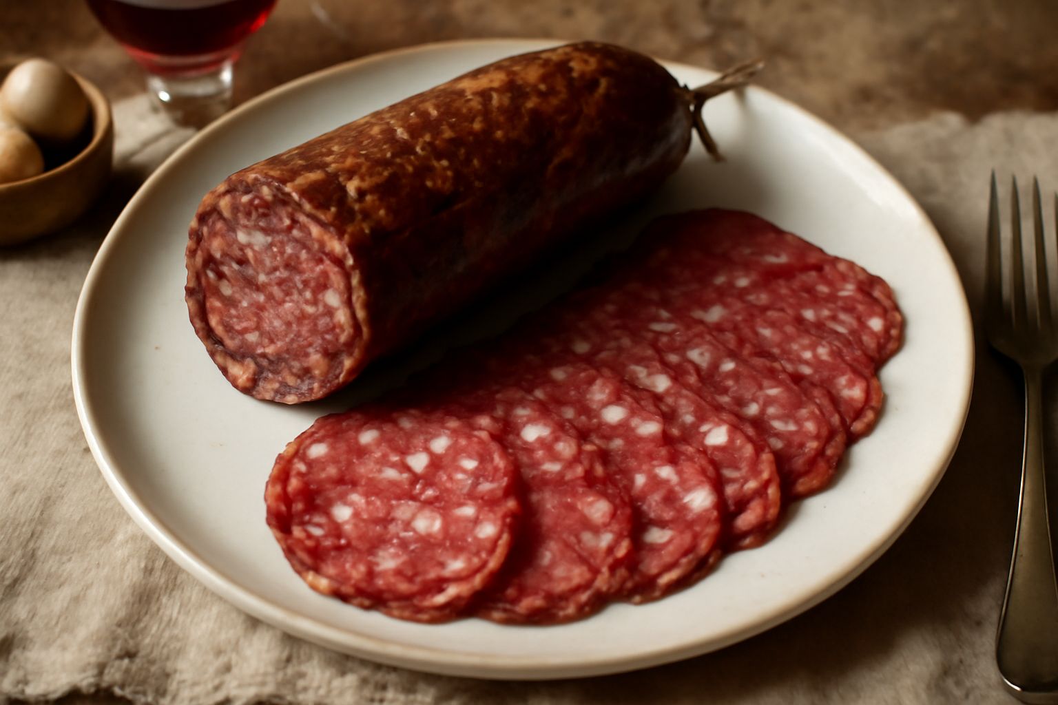Salame molisano affettato su un tagliere di legno, con fette di colore rosso scuro e grasso bianco visibile, accompagnato da spezie, pepe nero e una ciotola di sale grosso