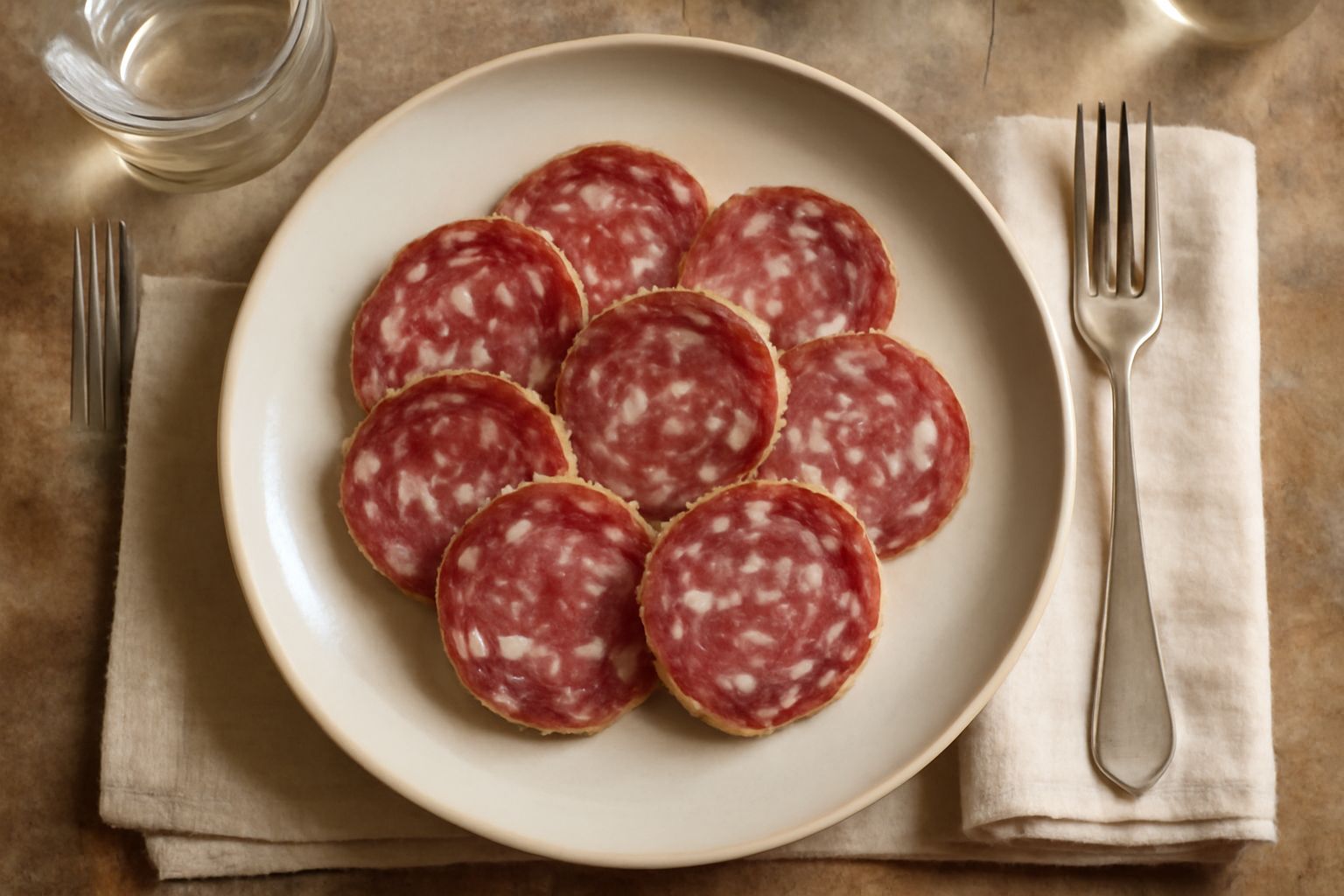 Fette sottili di salame nostrano dai toni rossi e marroni con sfumature bianche di grasso, disposte leggermente sovrapposte su un piatto bianco con pane tostato di sfondo