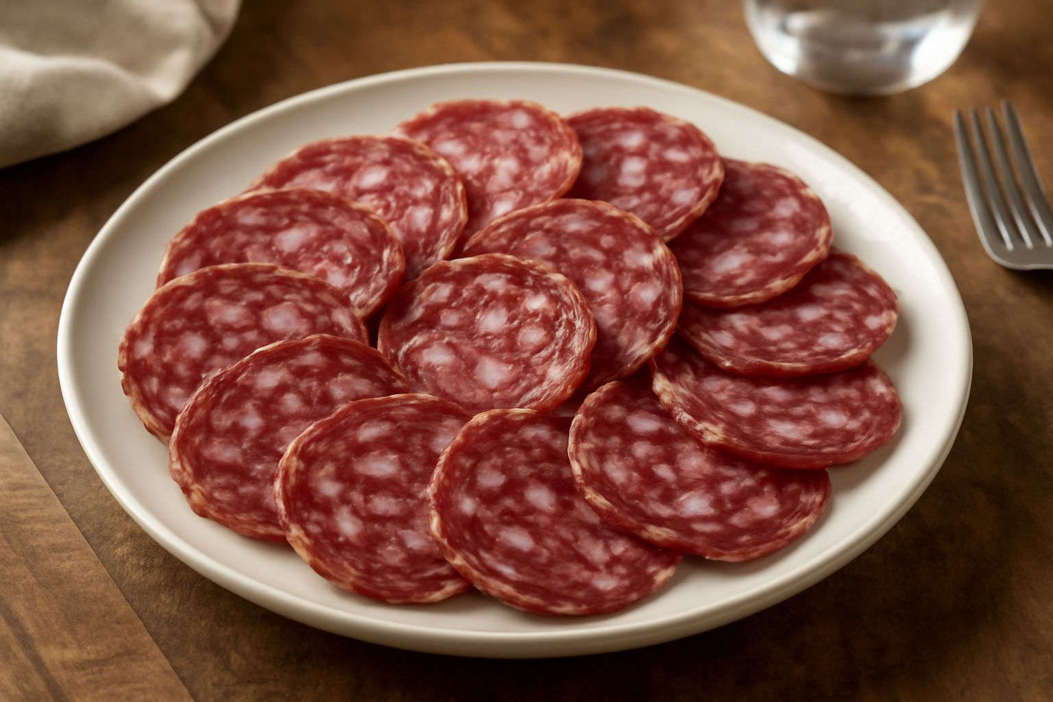 Fette di salame piacentino disposte in cerchio su un tagliere di legno naturale, colore rosso scuro uniforme con granelli bianchi di grasso visibili, accanto a pane tostato e un coltello da affettamen