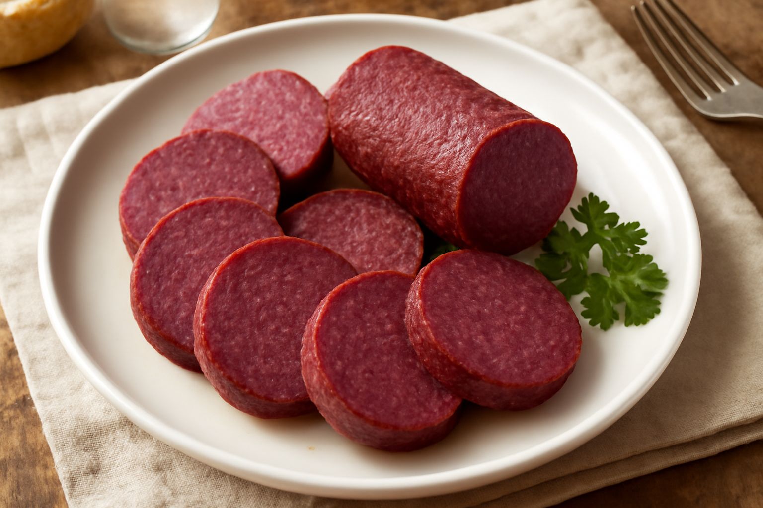 Salame piemontese affettato sottilmente su tagliere di legno, fette rosse scure traslucide impilate, grana fine visibile, accanto pane bianco e bicchiere di vino rosso