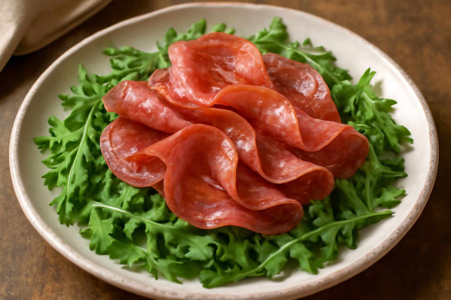 Piatto bianco con rucola verde brillante, affettati di salame rosso scuro distribuiti sopra, condimento di olio lucido, goccia di limone, pepe nero macinato fresco