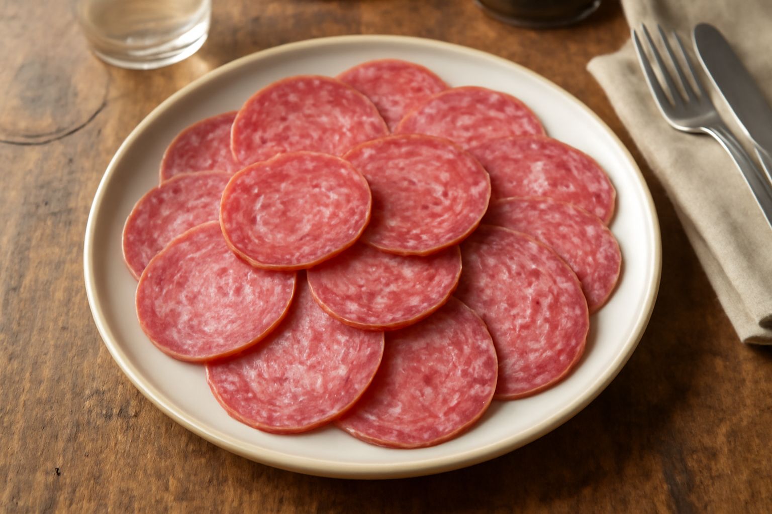 Salame teramano affettato su un tagliere di legno, mostrando le fettine rosso-rosa con pepe nero visibile, accanto a un bicchiere di vino rosso e pane toscano