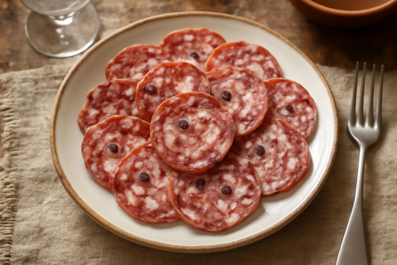 Fette di salame toscano affettato di spessore medio, con grani di pepe nero visibili sulla superficie rosa pallido, disposte su un piatto di ceramica