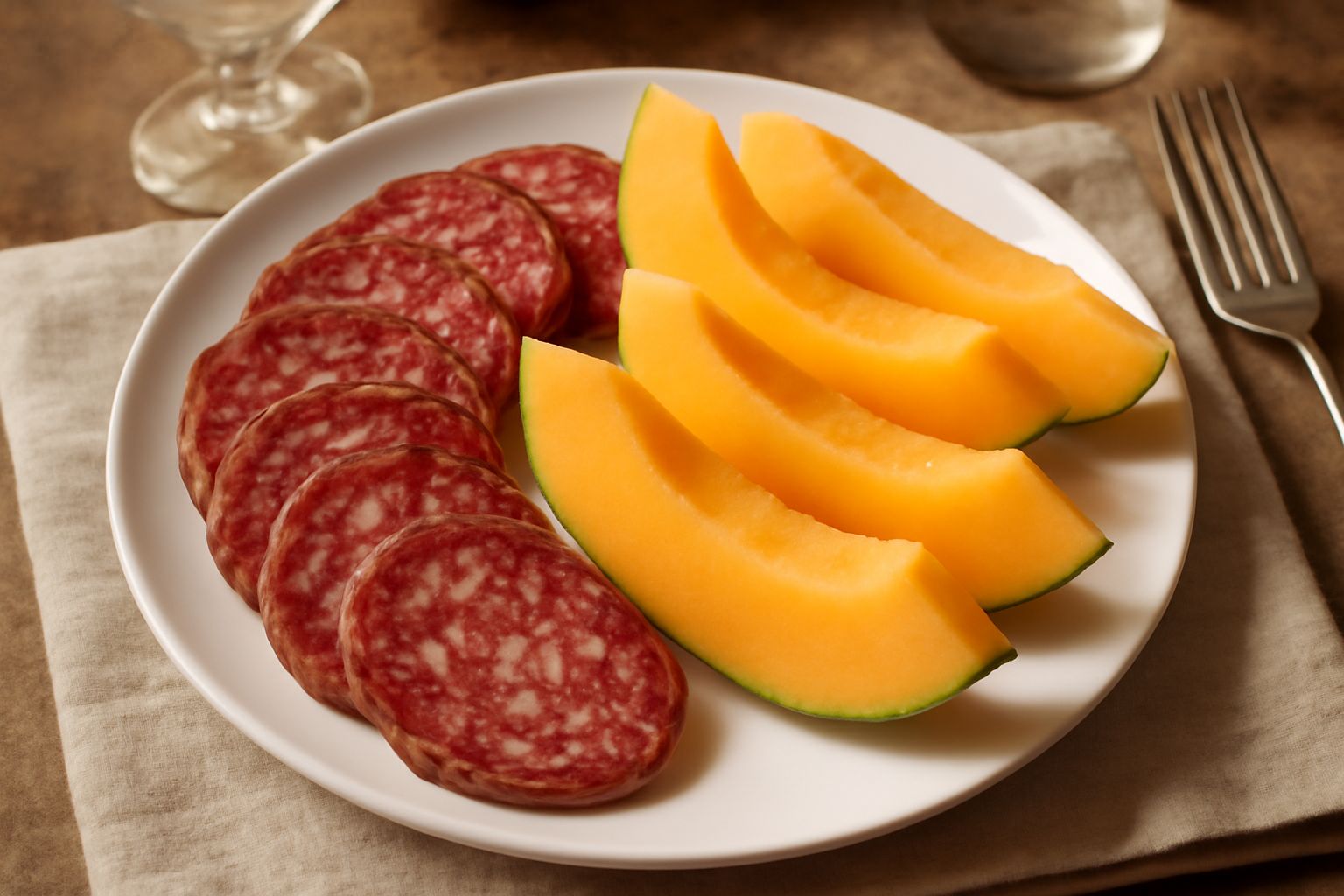 Piatto bianco con salame toscano rosso scuro affettato sottile alternato a fette di melone arancione chiaro, guarnito con foglie di menta fresca verde e contorno di pane tostato ai bordi