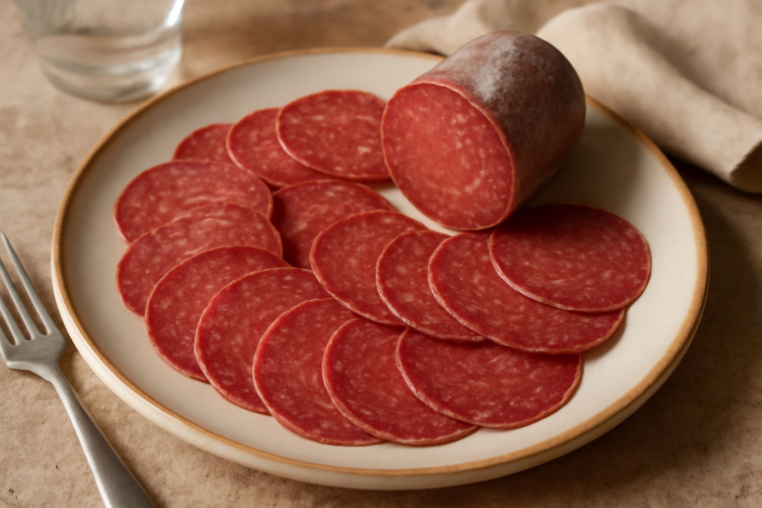 Fette sottili di salame trentino dal colore rosso scuro con grana fine, disposte a ventaglio su un piatto bianco con pane tostato e burro in sottofondo