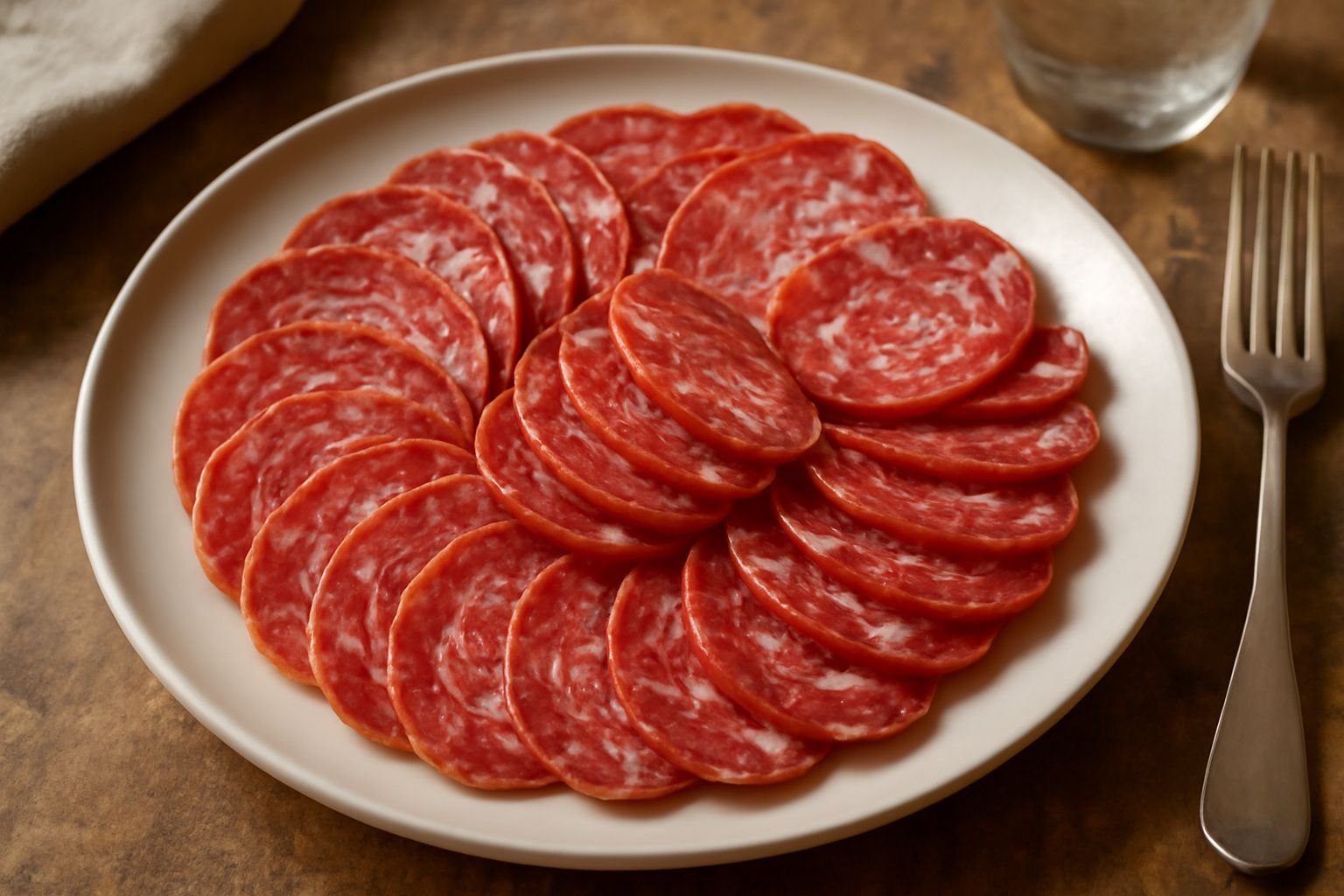 Fette sottili di salame trevigiano disposte a ventaglio su piatto bianco con pane tostato, accompagnate da burro fresco e olive verdi