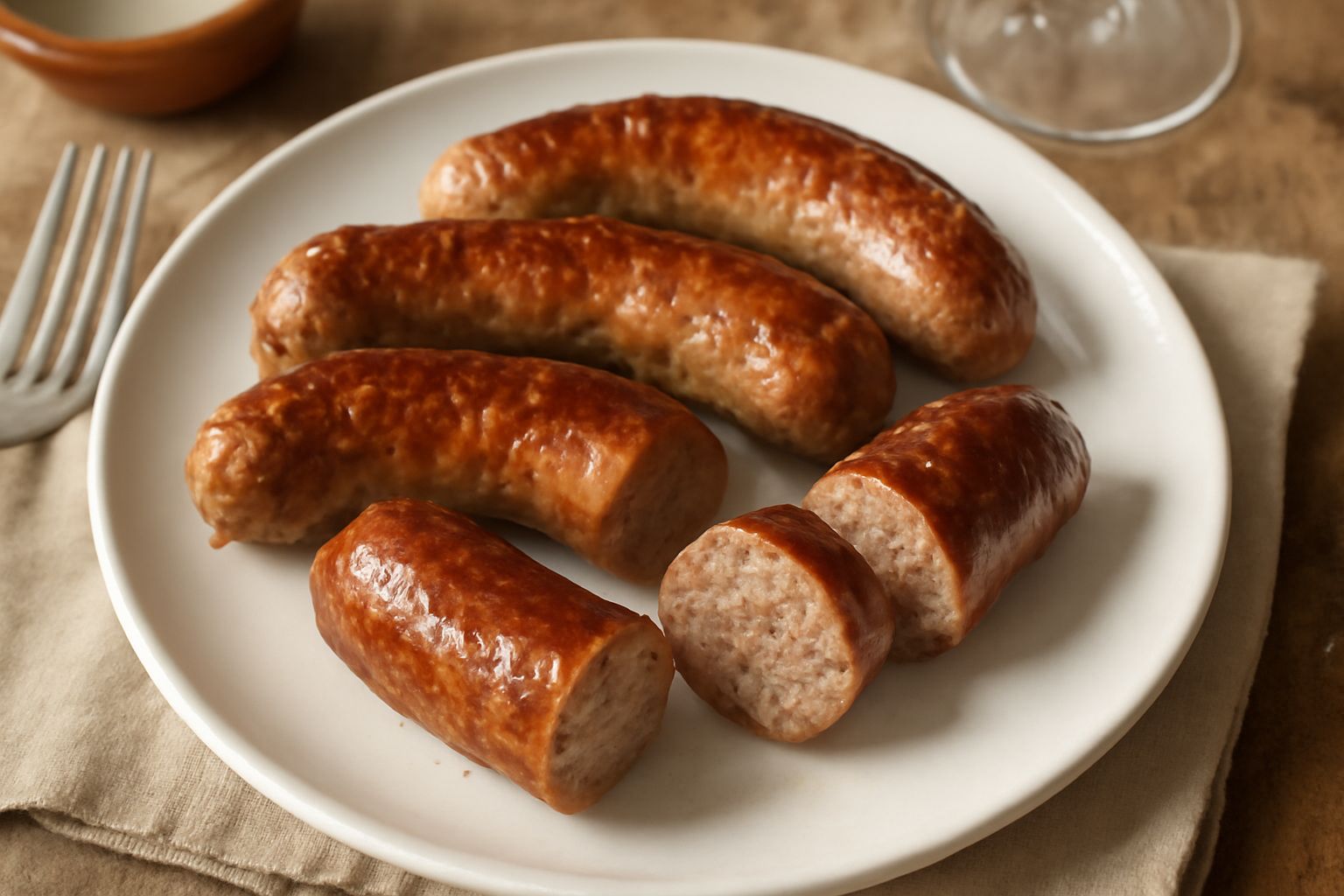 Tre salamelle dorate e croccanti in una padella di ghisa scura, con leggero vapore, contorno di verdure grigliate e una spolverata di pepe nero