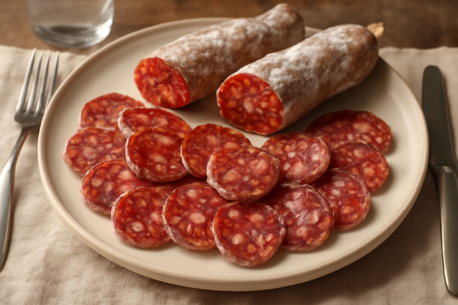 Salami calabresi misti affettati su un tagliere di legno, mostrando il colore rosso intenso della carne, le venature di grasso bianco e la consistenza compatta, con pepe nero visibile sulla superficie