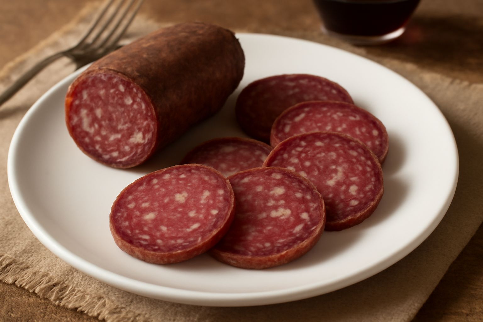 Fette di salami della Valle d'Aosta disposte su un tagliere in legno, colore rosso scuro con puntini bianchi di grasso visibili, accanto a pane di montagna e una piccola ciotola di senape