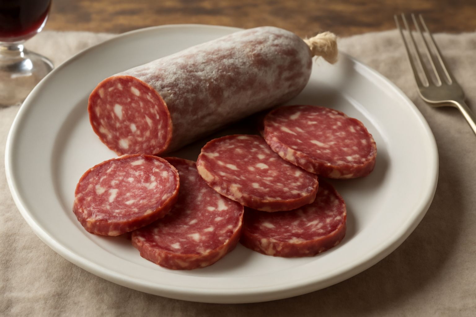Fette di salame di Caiazzo tagliate a mano su superficie di legno, con grana visibile, colore rosso scuro e alone di grasso bianco, accanto a pepe nero macinato fresco e uno spicchio d'aglio