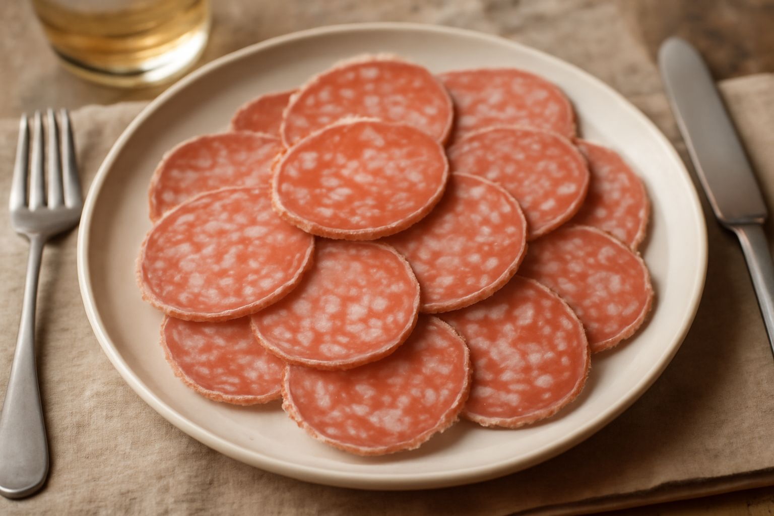 Fette di salame di Fabriano tagliate sottili su un tagliere di legno, di colore rosa corallo con grani bianchi di grasso visibile, accanto a pane toscano e un bicchiere di vino rosso
